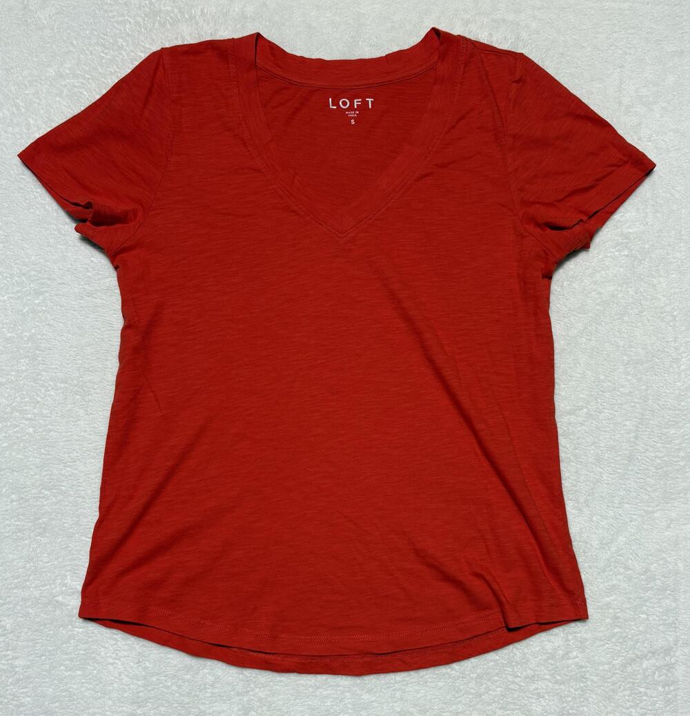 LOFT Shirt Womens Small Red V-Neck Short Sleeve 100% Cotton Basic Tee Top